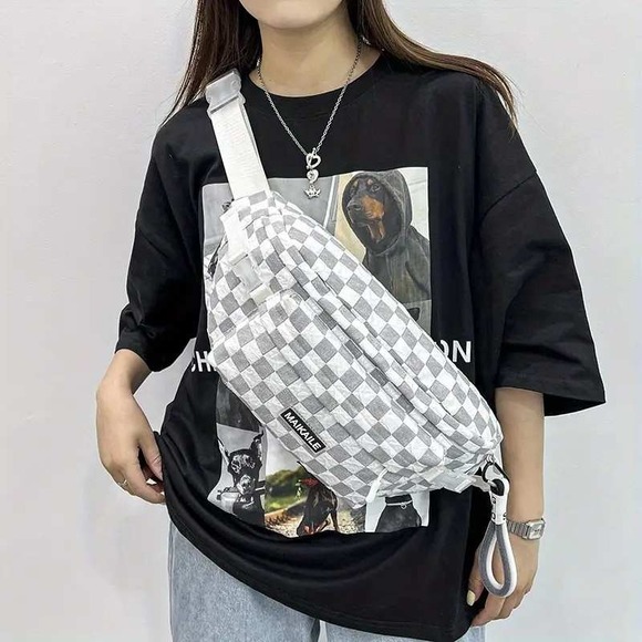 Checkerboard White Gray Fanny Pack Crossbody Bag  Belt‎ Bag - Picture 1 of 3